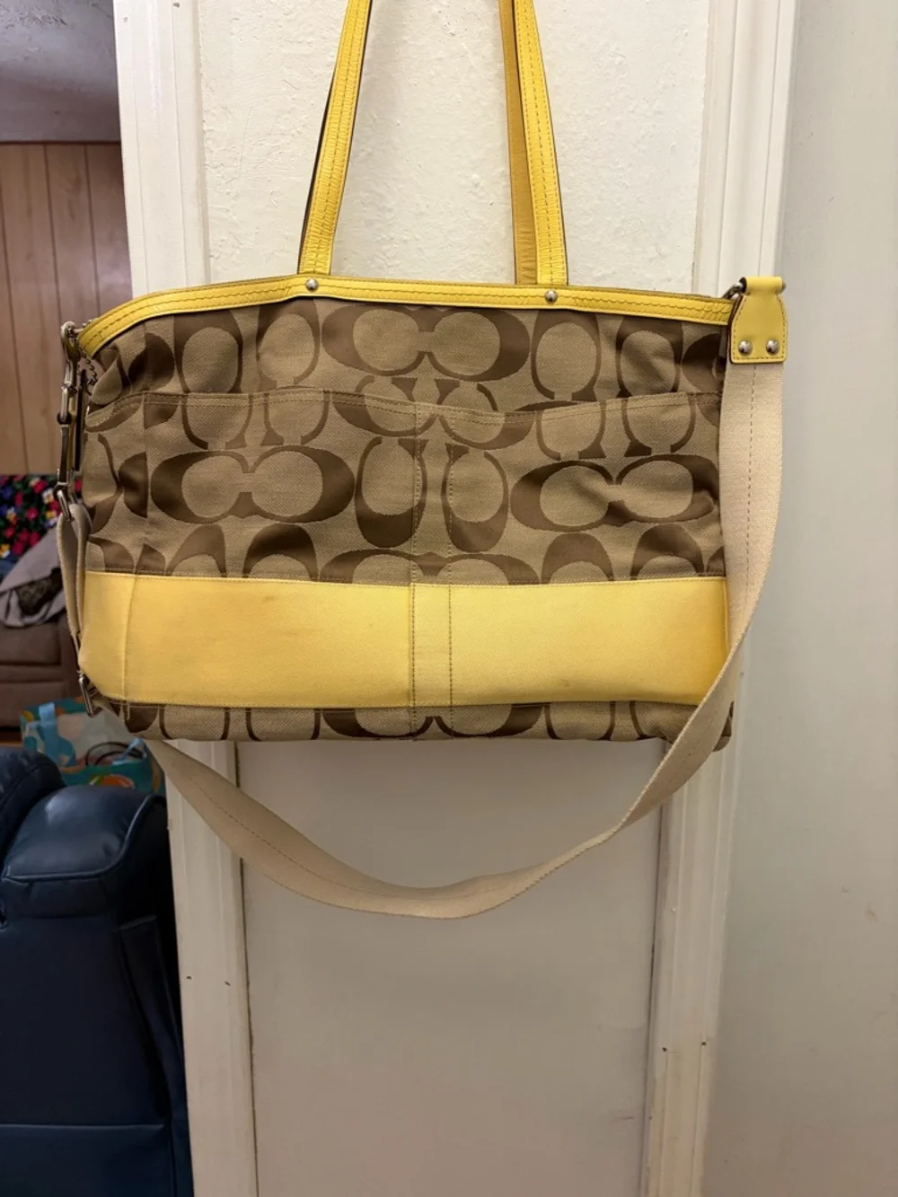 Coach Brown Signature Canvas Tote with Yellow Trim